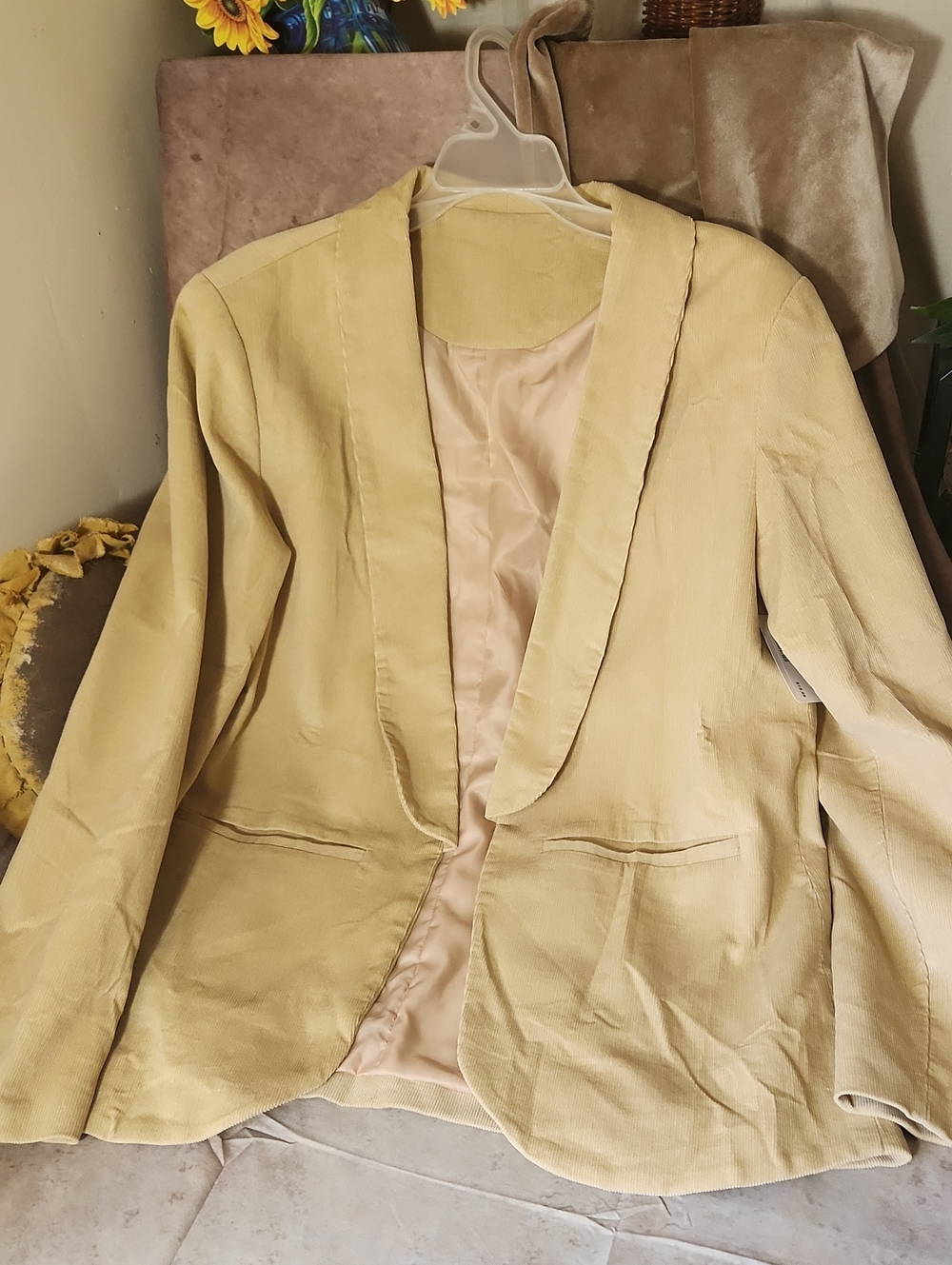 Light Beige Women's Open-Front Corduroy Blazer Jacket
